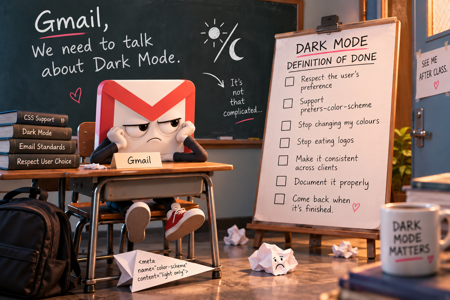 Editorial illustration / satire. Not affiliated with or endorsed by Google or Gmail.