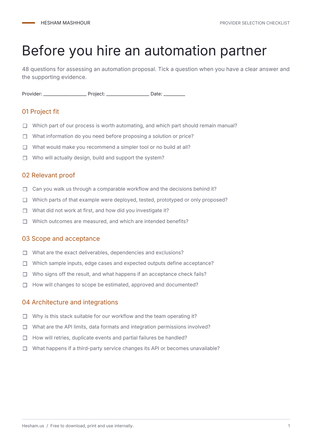 First page of the automation provider checklist