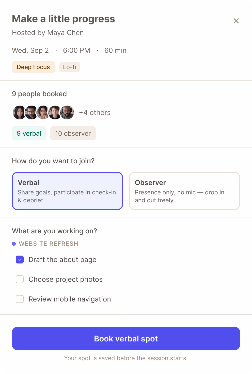 Choose a verbal or observer seat in a session.