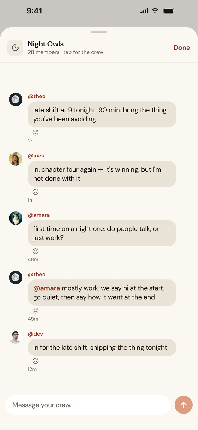 Night Owls crew chat on iPhone.
