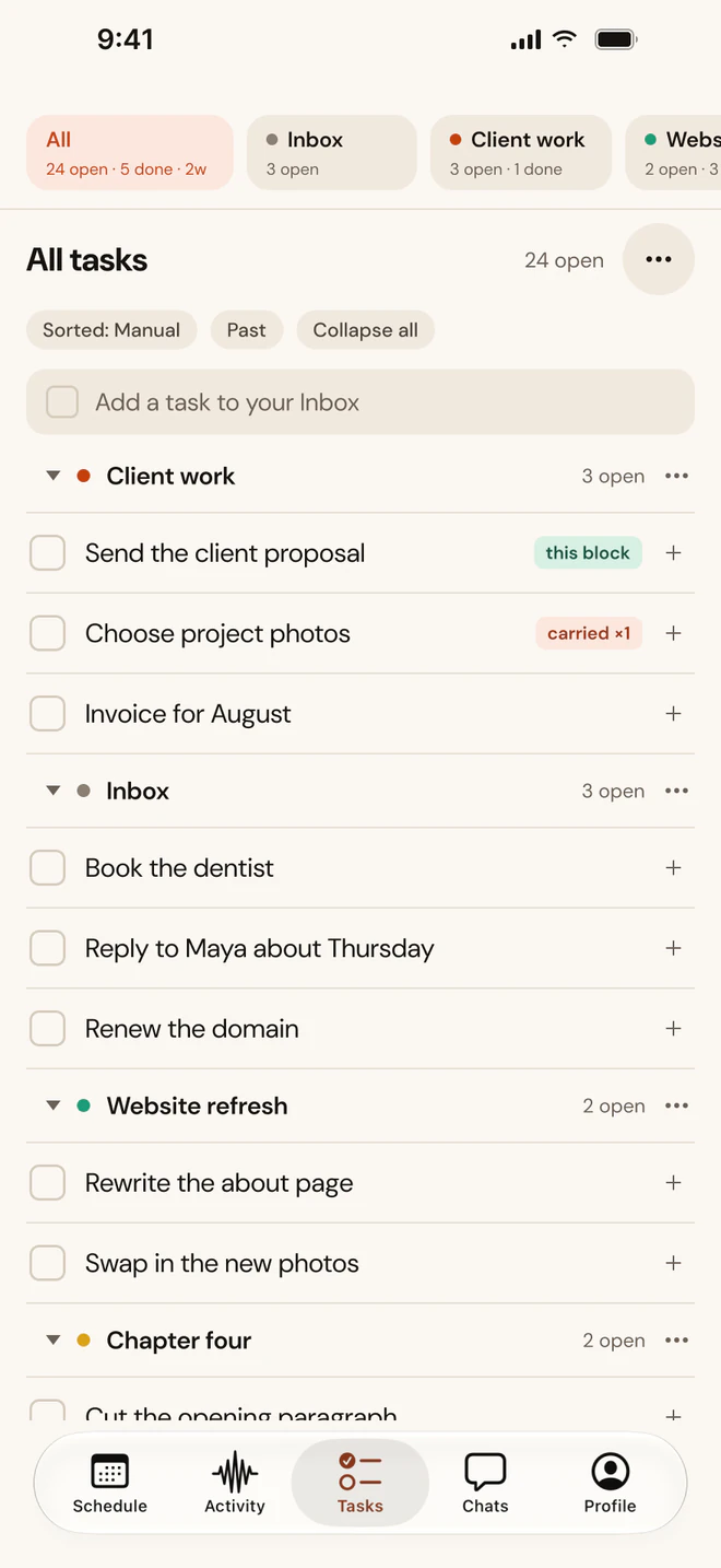 Tasks on iPhone, grouped by project.