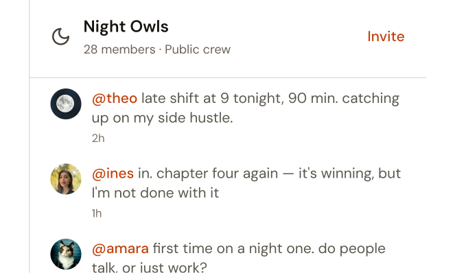 Night Owls crew chat: Theo posts tonight's late shift and Inés says she's in