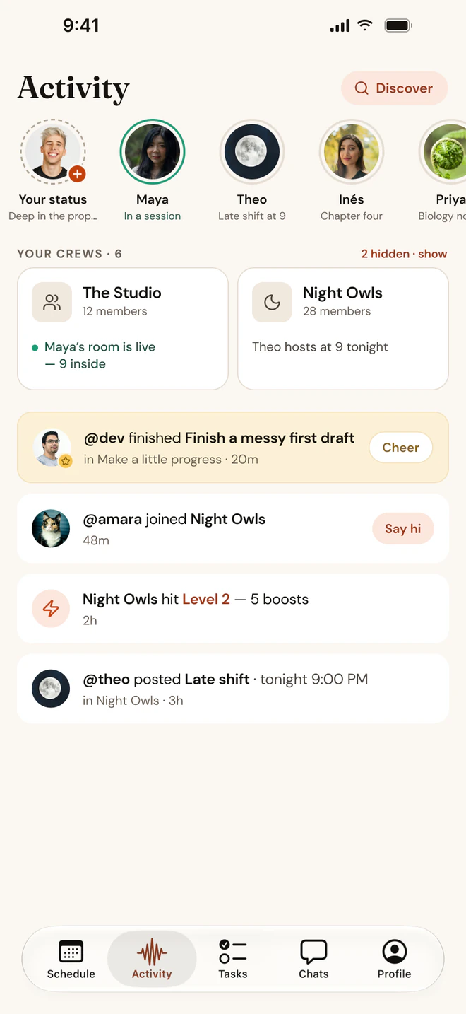 Activity on iPhone: who's in a session, statuses, and your crews.