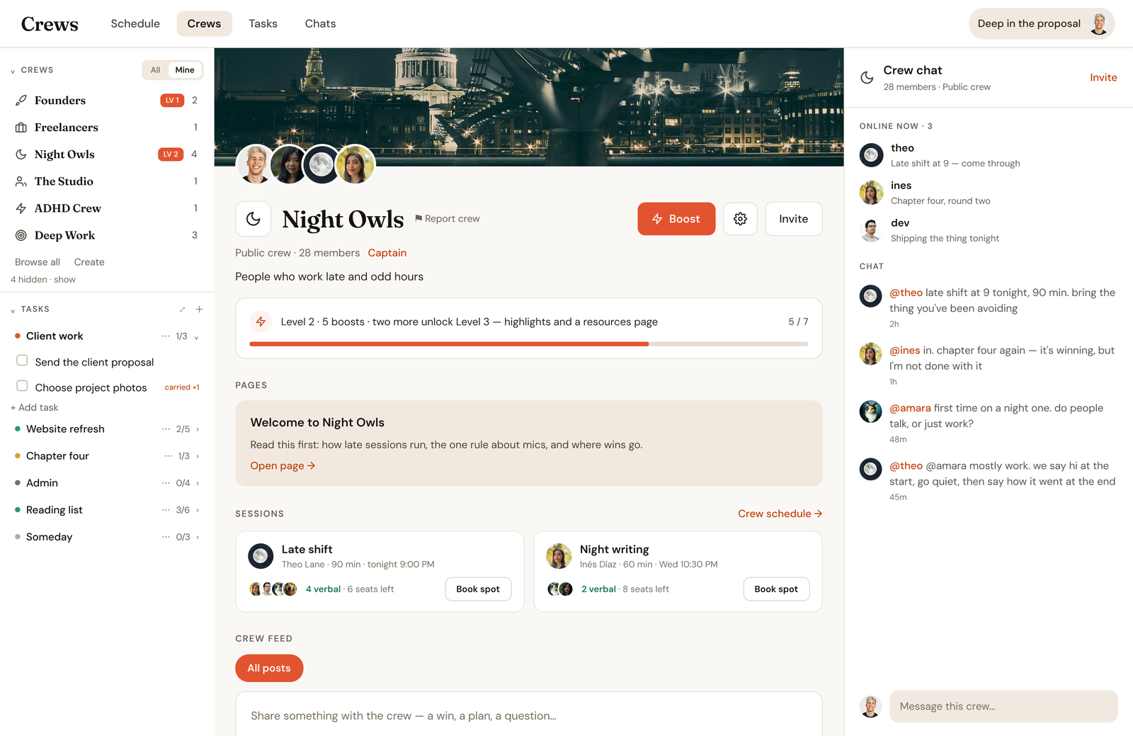 A crew page on Crews: the Night Owls' sessions, a welcome page, their level and boosts, and crew chat.