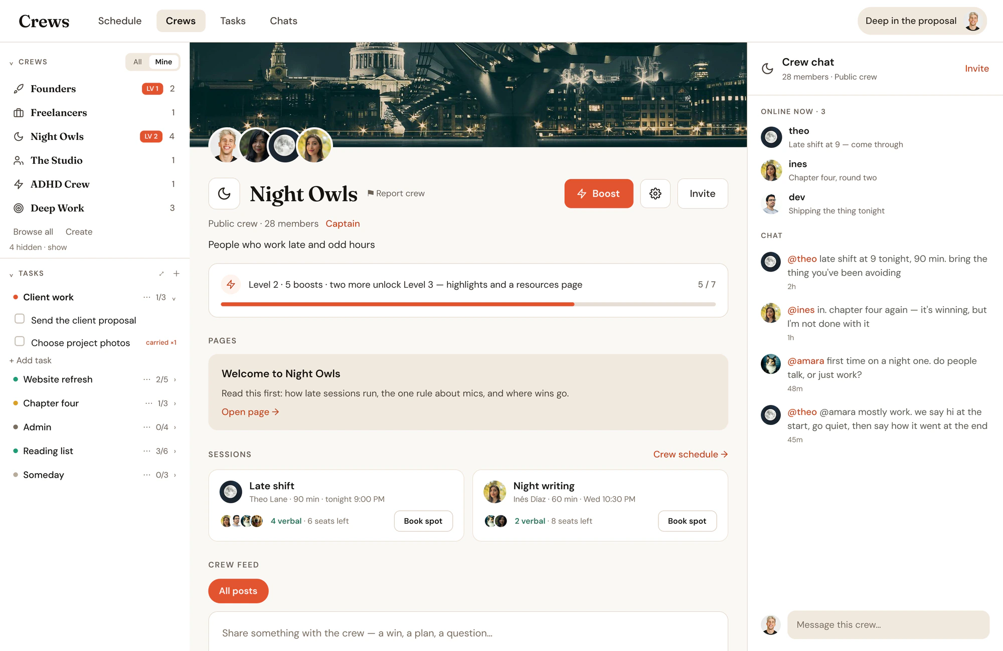 All your crews in one place: Night Owls, Deep Work, Founders, Writers and more, each with the people in it.