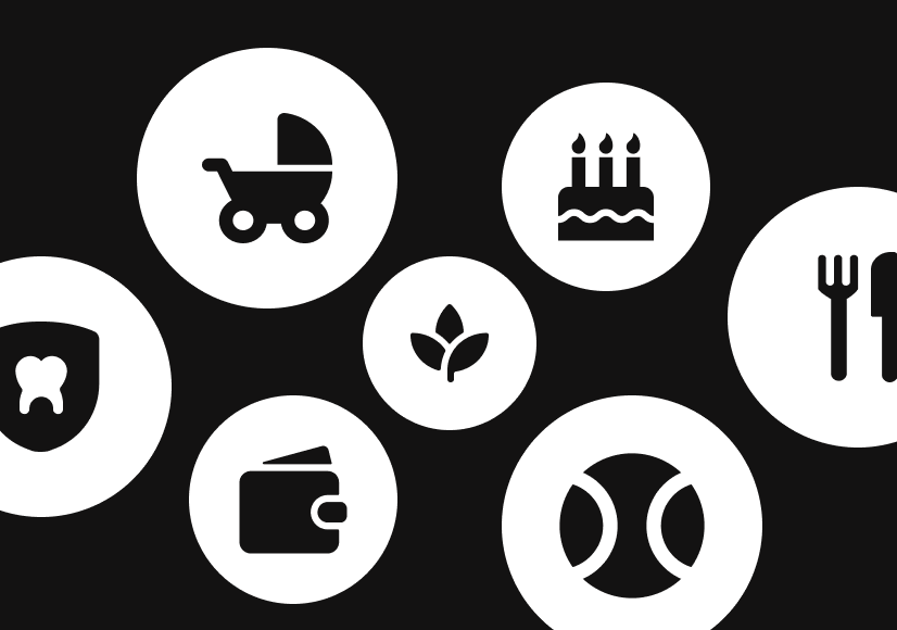 Circular icons for benefit categories including dental, childcare, wallet, wellness and dining