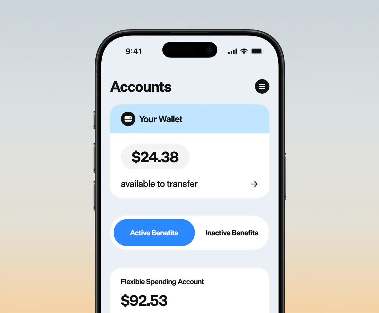 Benepass mobile app showing account balances