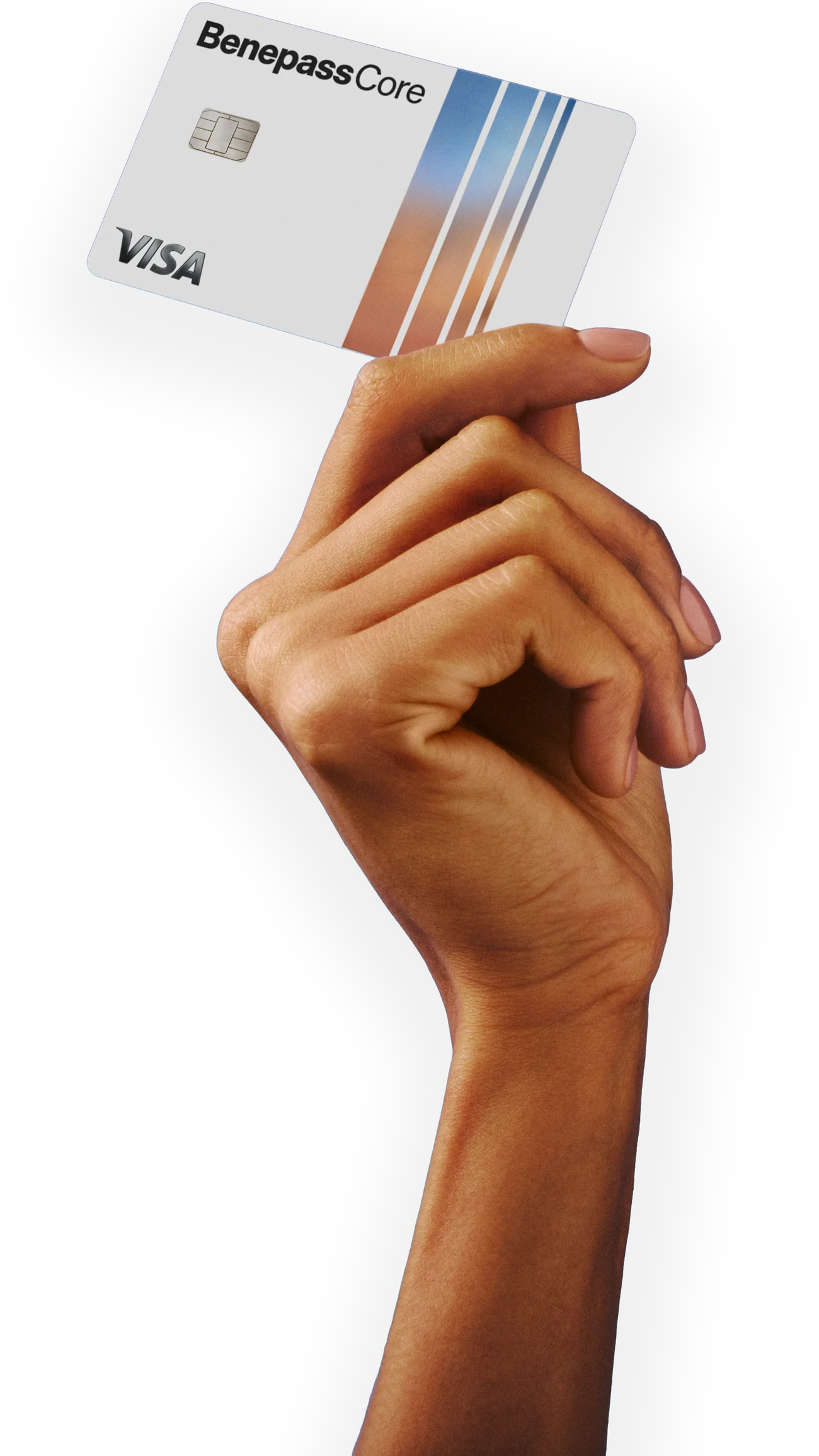 Hand holding up a Benepass Core Visa card