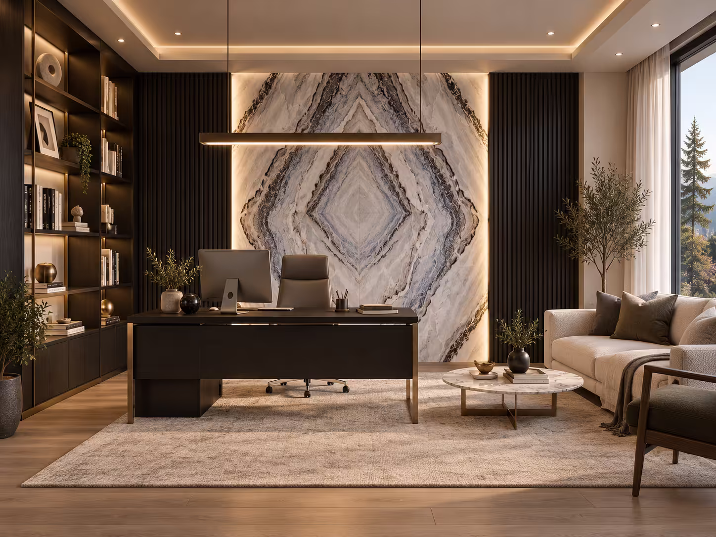 Modern office room with a dark wood desk and office chair centered on a beige area rug, a marble-patterned accent wall behind the desk, tall built-in shelves with books and decor to the left, a seating area with a beige sofa, armchair, and round marble coffee table to the right, and large windows showing an outdoor view with trees.