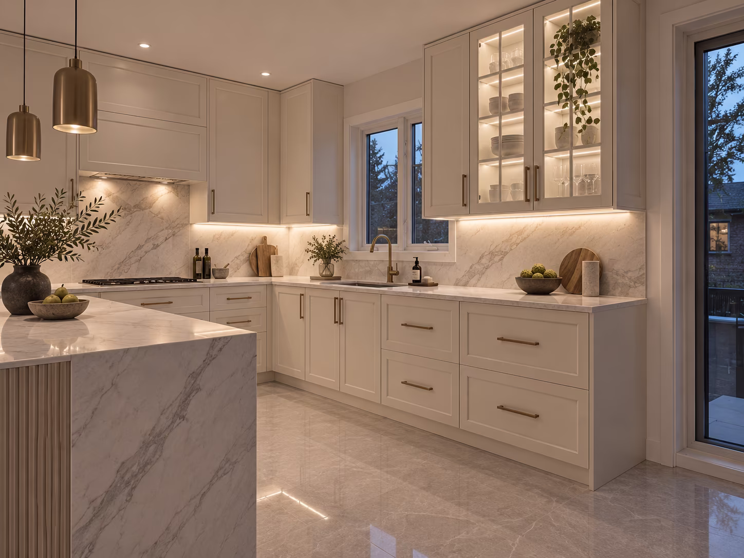 Modern kitchen with white cabinets, marble countertops and backsplash, recessed lighting inside glass cabinets, a window above the sink, pendant lights, and decorative plants and bowls on counters.