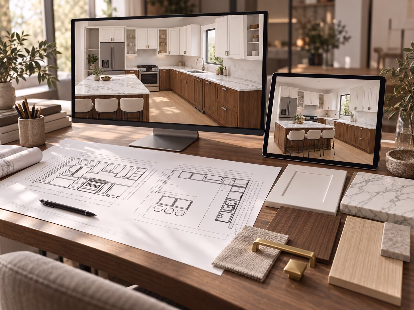 Workspace with desk displaying kitchen design plans on paper, a desktop monitor and tablet showing a modern kitchen with white upper cabinets and wood lower cabinets, island with stools, and various kitchen material samples including wood, fabric, and hardware on the desk.