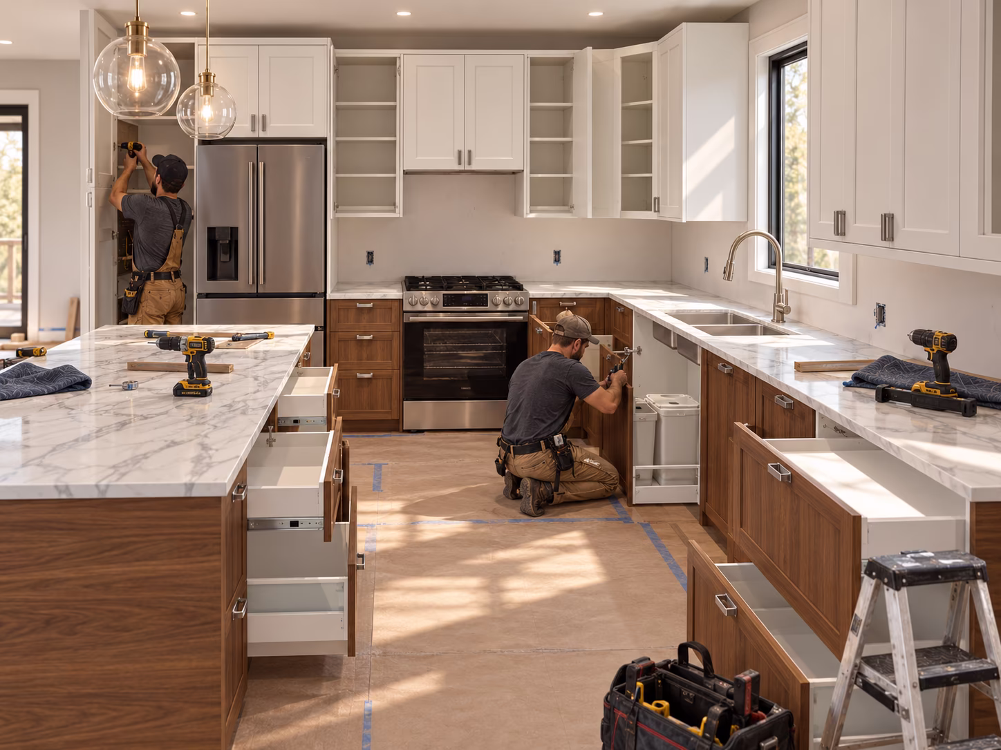 Two workers installing cabinets and fixtures in a modern kitchen with white upper cabinets, wood lower cabinets, marble countertops, and stainless steel appliances, including a refrigerator and stove.