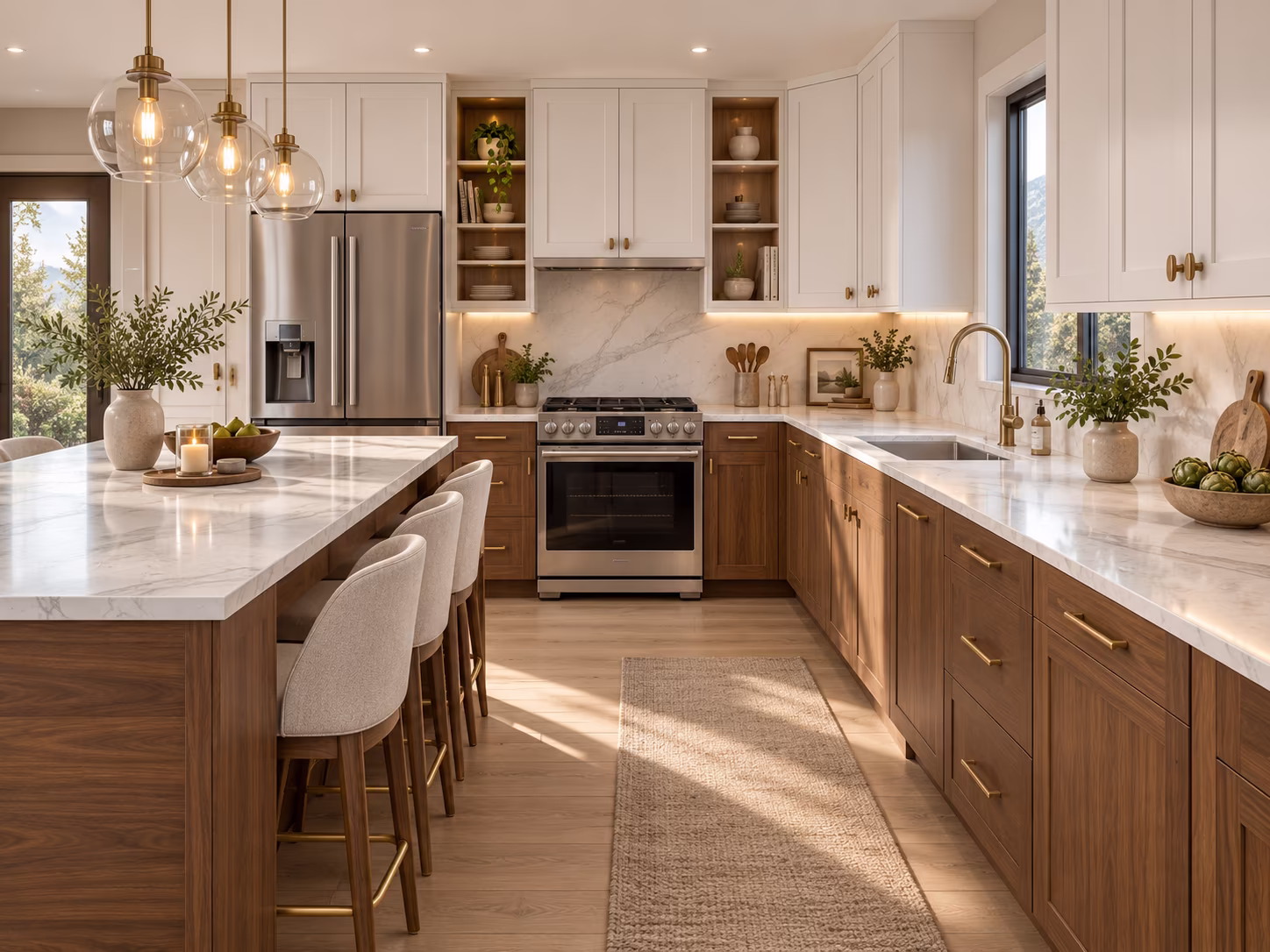 Modern kitchen with marble countertops, wooden lower cabinets, white upper cabinets, stainless steel refrigerator and stove, three cushioned stools at island, potted plants, and pendant lights.