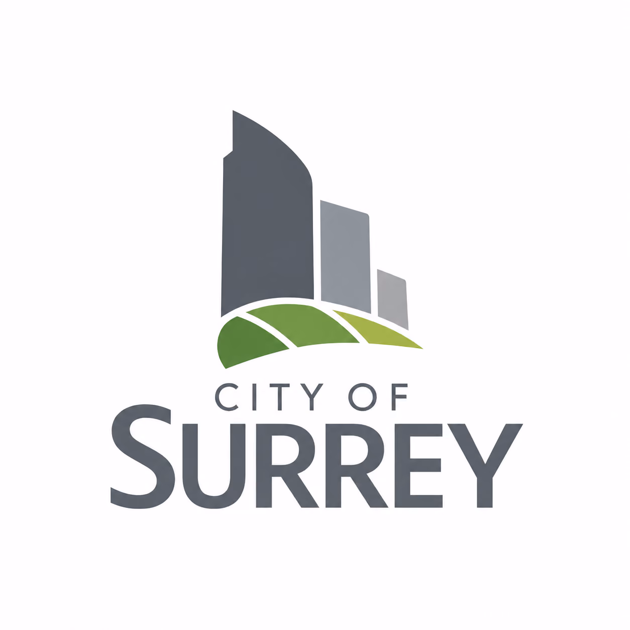 Logo of the City of Surrey featuring stylized gray buildings above green curved fields on a white background.