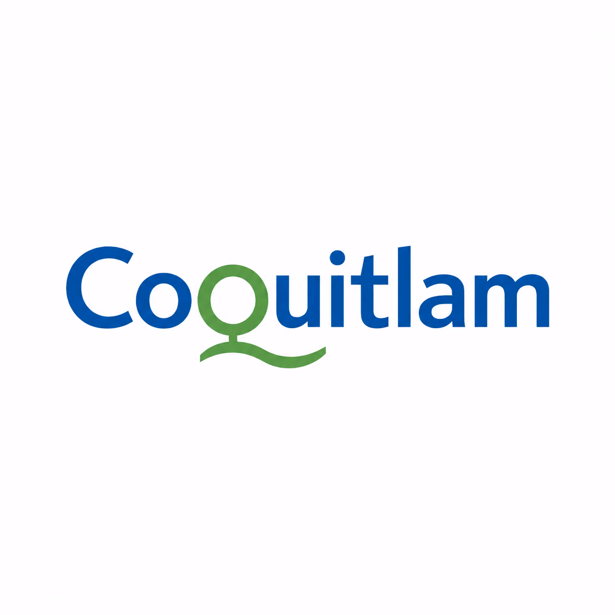 Coquitlam wordmark logo with the letter Q stylized in green resembling a tree with a trunk and a wave-like base, the rest of the letters are in blue.