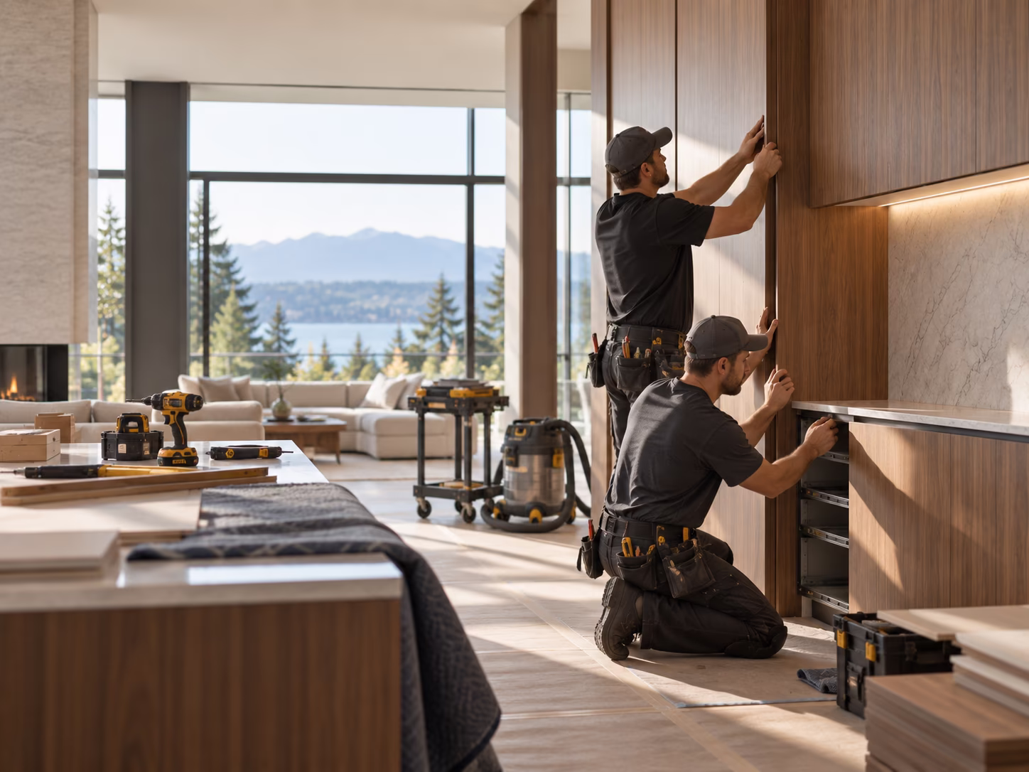 Two workers wearing black uniforms and caps installing wooden kitchen cabinets in a modern kitchen with large windows overlooking trees and mountains in the background.
