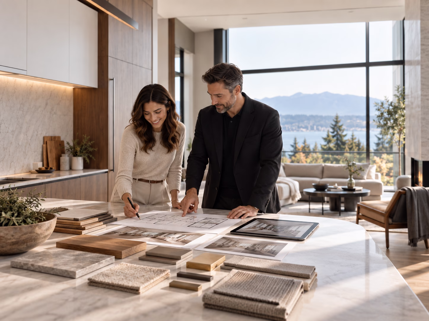 A man and a woman in a modern kitchen reviewing architectural plans and design samples on a marble countertop, with a bright living room and large window overlooking trees and mountains in the background.