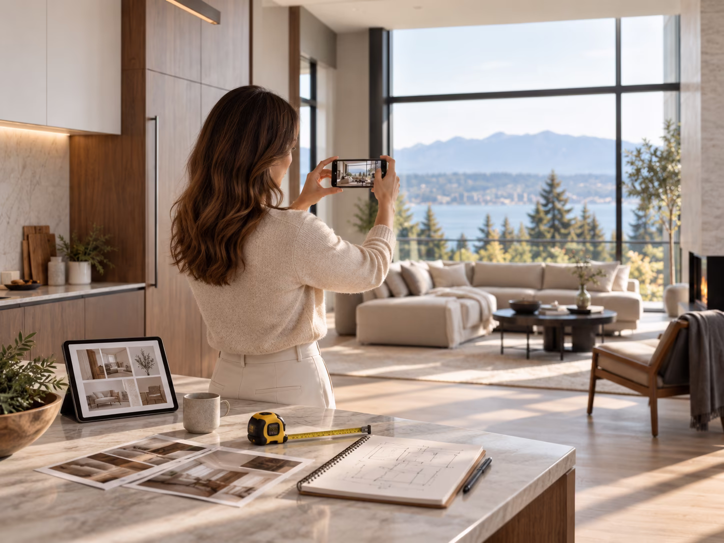 A woman with brown hair in a beige sweater takes a photo with her phone inside a modern living room featuring large windows, a beige sofa, coffee tables, and a mountain view outside.