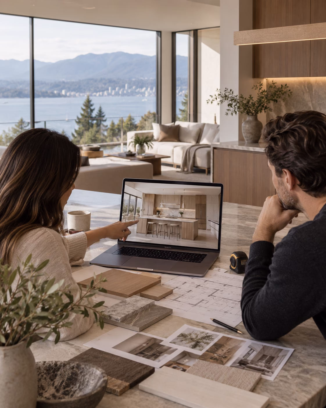 A woman and a man sitting at a table with architectural plans and material samples, looking at a laptop screen displaying a modern kitchen design, with large windows showing a scenic view of water, trees, and mountains in the background.