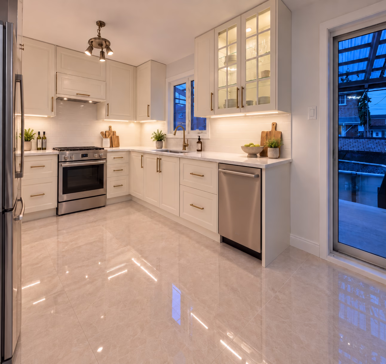 Modern kitchen with white cabinetry, stainless steel appliances including stove and dishwasher, under-cabinet lighting, glossy tiled floor, a doorway leading outside, and accent decor like plants and cutting boards.