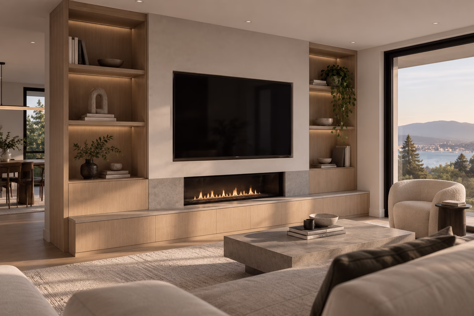 Modern living room with a large flat-screen TV mounted above a linear fireplace set in a light wood built-in wall unit with shelves holding decorative items. A low rectangular coffee table with books and bowls sits on a textured rug, and a rounded armchair faces large floor-to-ceiling windows offering a scenic view of trees and distant mountains.