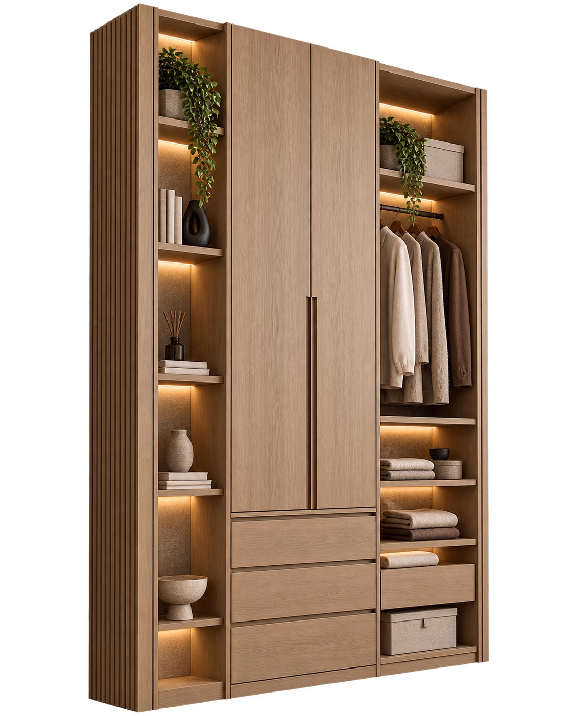 Modern wooden wardrobe with integrated lighting, featuring two central doors, three drawers below, open shelves on the left holding decor items like plants and books, and on the right, shelves and a hanging rod with clothes and storage boxes.