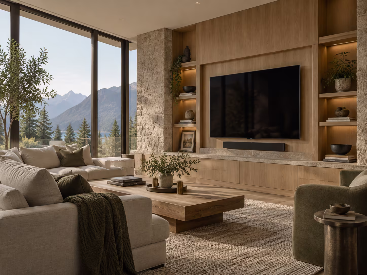 Modern living room with beige sofas, a wooden coffee table holding plants and books, a green armchair with a small side table, and a large flat-screen TV mounted on a wood-paneled wall with built-in shelves displaying decorative items, all set against floor-to-ceiling windows showing a view of pine trees and mountains.