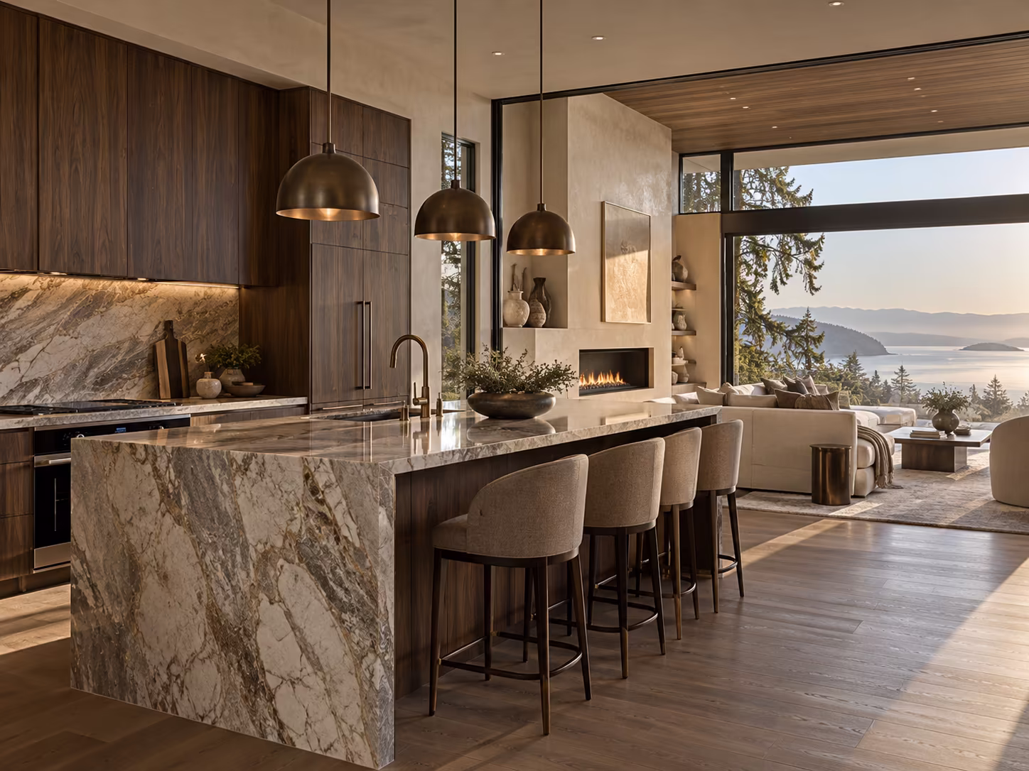 Modern open-concept kitchen and living area with a large marble island, cushioned bar stools, dark wood cabinetry, three pendant lights, a built-in fireplace, and floor-to-ceiling windows offering a scenic view of trees and water at sunset.