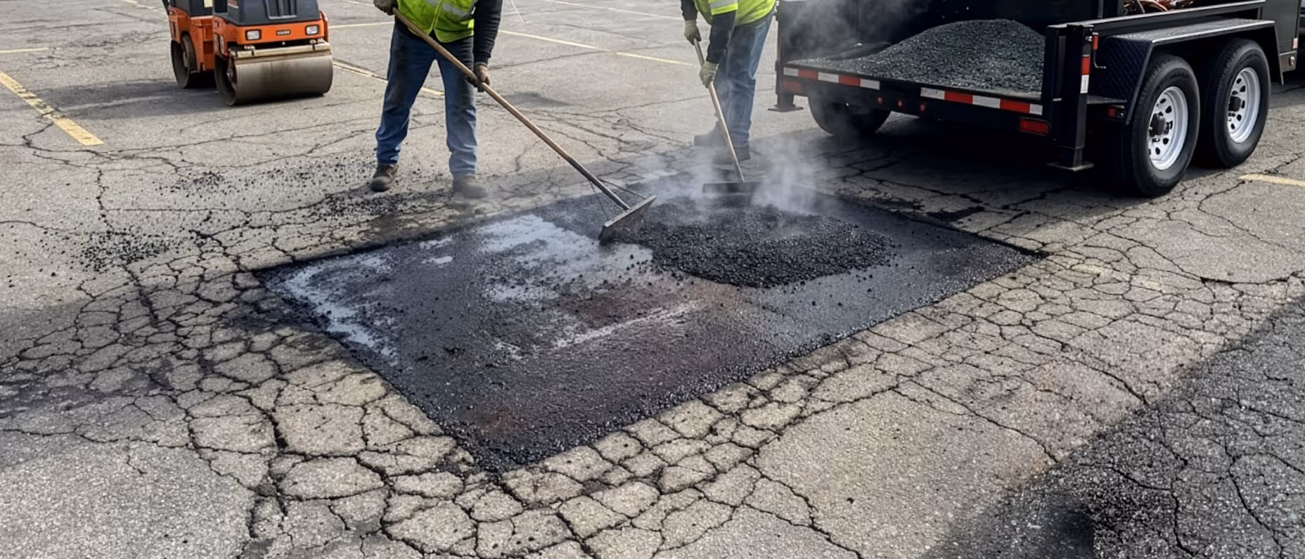 Two workers in safety vests spreading hot asphalt with rakes on a cracked parking lot near a trailer loaded with asphalt.