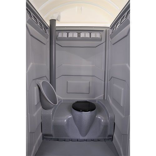 Inside a serviced Standard unit: seat, urinal and roof vents
