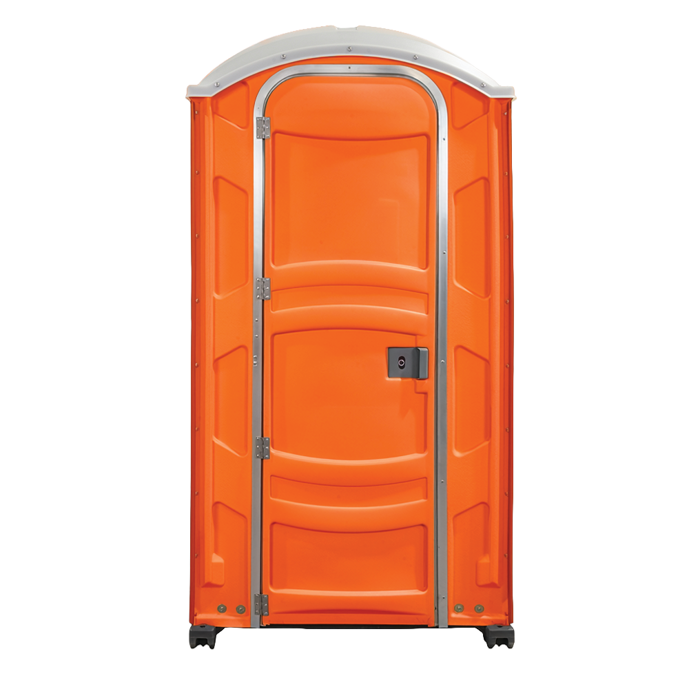 Standalone bright orange portable toilet with a closed door, silver trim, and a small black lock on the right side.