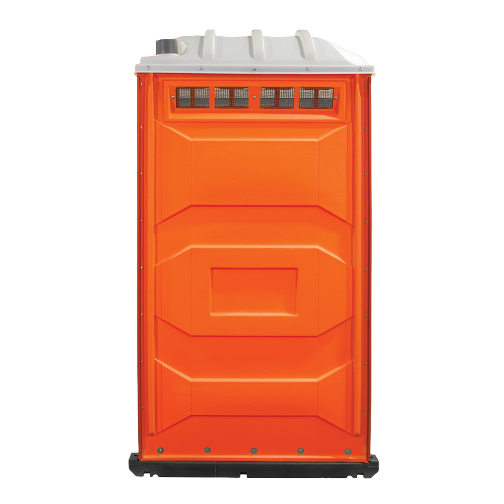 Front view of an orange portable toilet with a white roof and ventilation openings near the top.