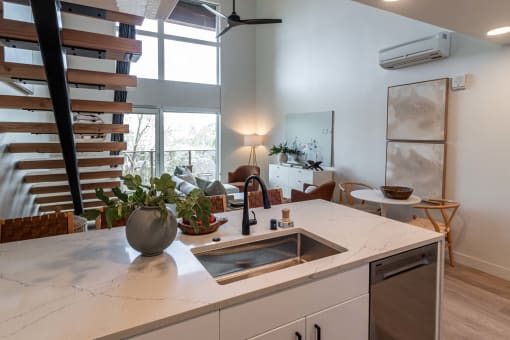 Island in kitchen in looking into living room