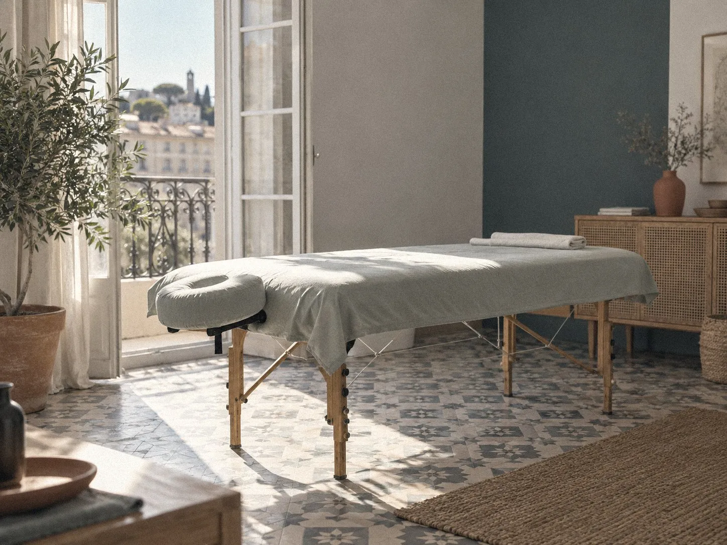 Consultation d'ostéopathie à domicile à Montpellier : table de soin installée dans un salon