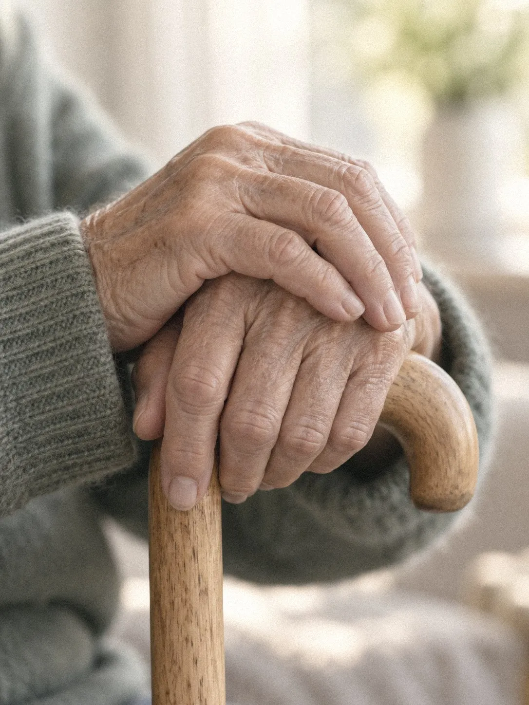 Mains d'une personne âgée posées sur le pommeau d'une canne