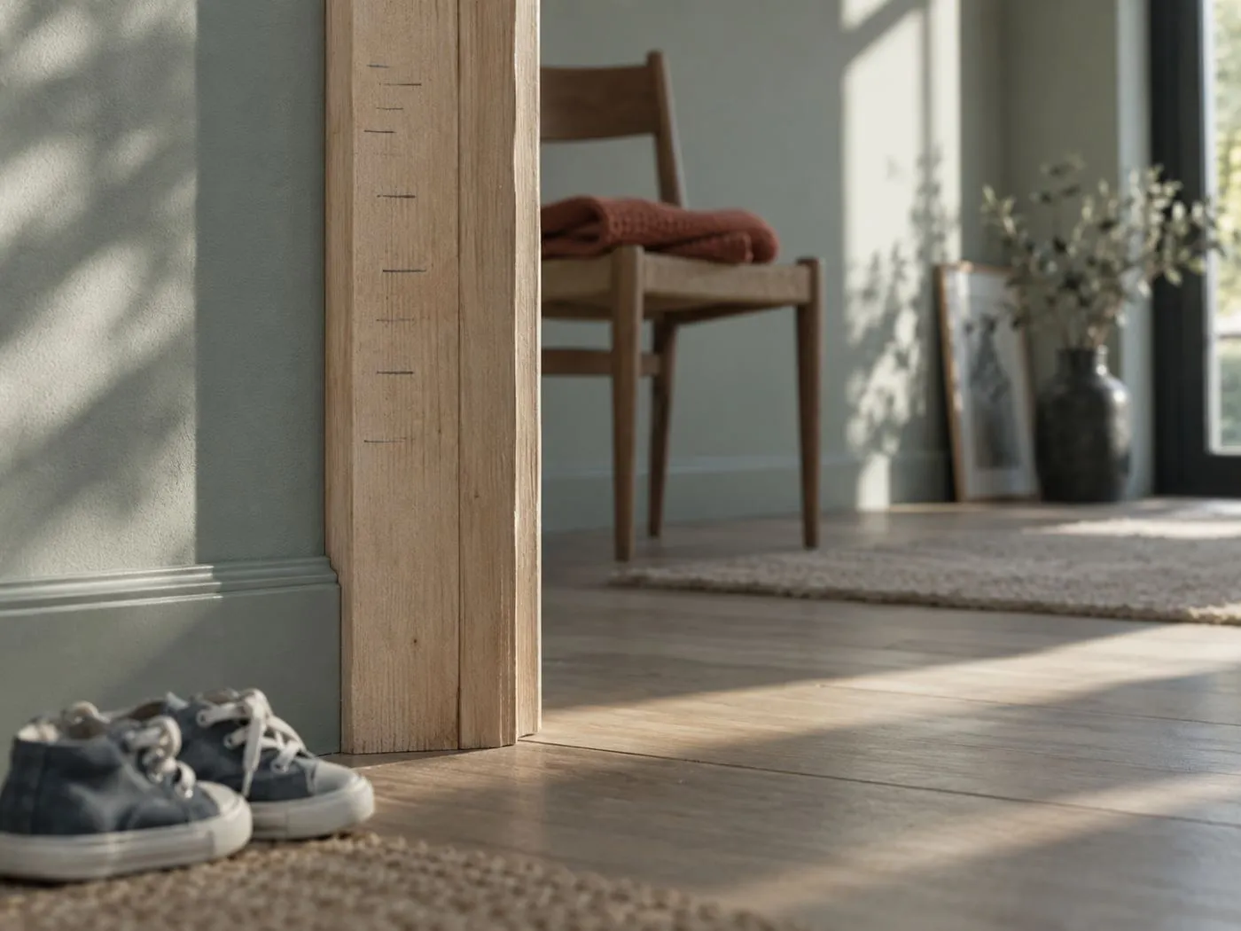 Traits de croissance au crayon sur un montant de porte en bois clair, petites baskets d'enfant posées au sol