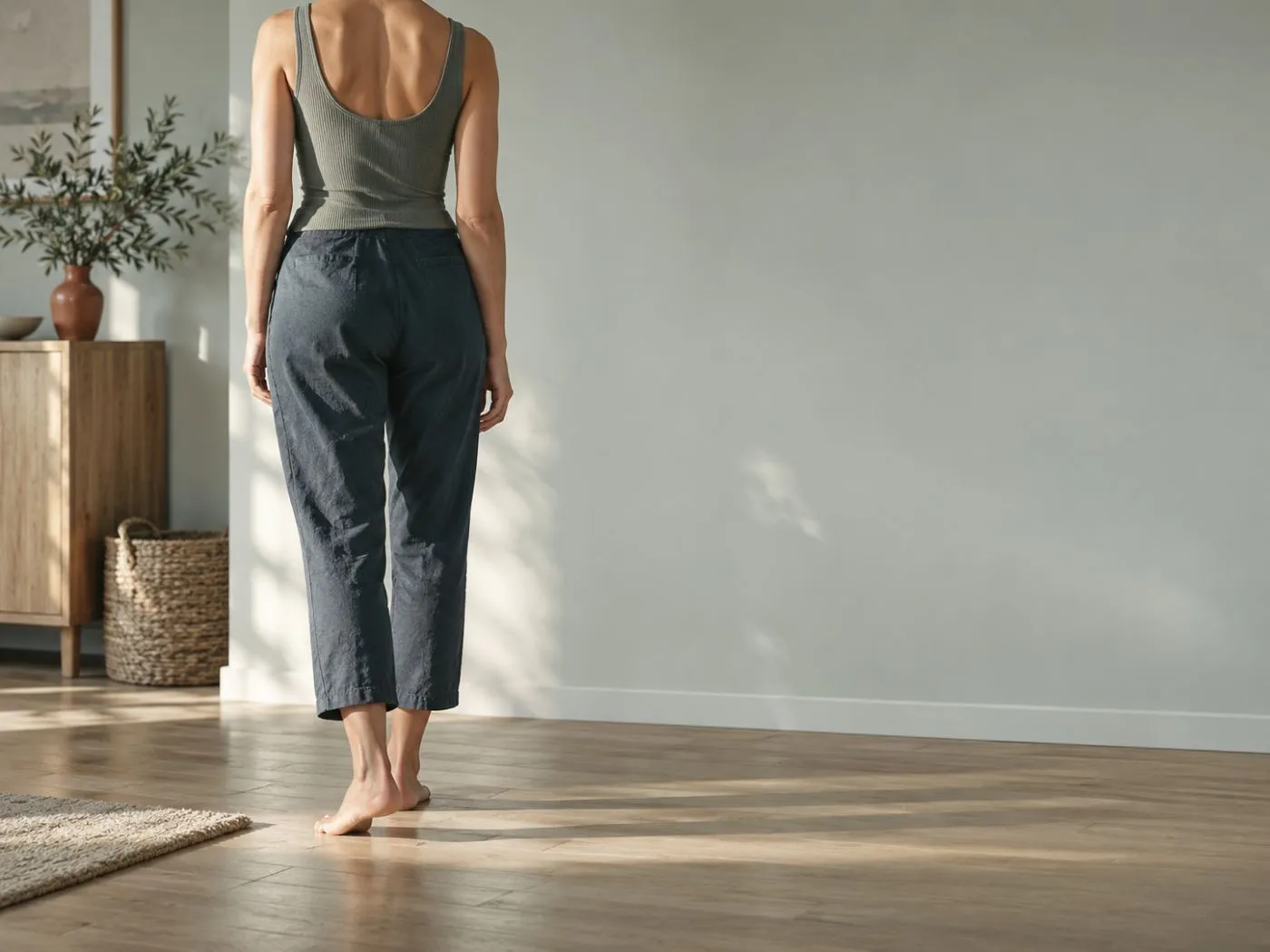 Femme debout de dos, pieds nus sur un parquet clair, dans une pièce épurée