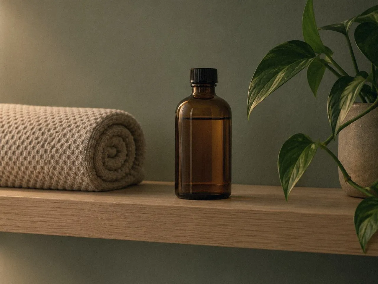 Serviette roulée et flacon d'huile de massage sur une étagère du cabinet