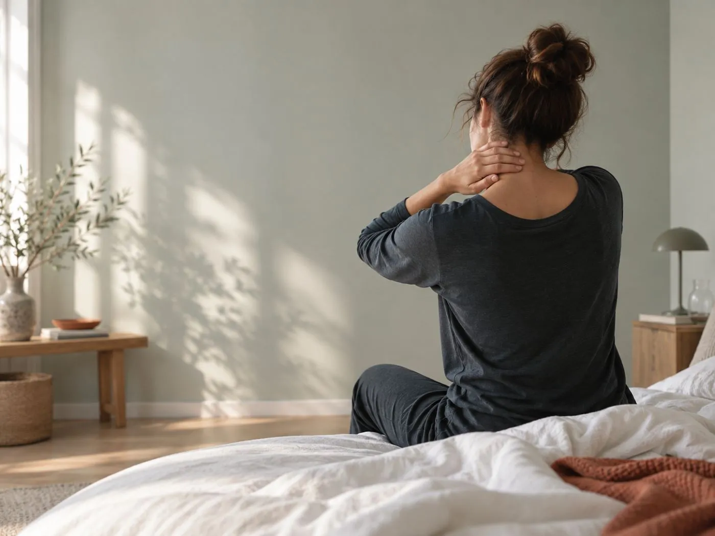 Femme assise de dos au bord de son lit, une main posée sur la nuque, chambre claire au réveil