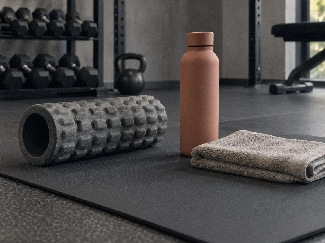 Rouleau de massage, gourde et serviette sur un tapis, récupération sportive