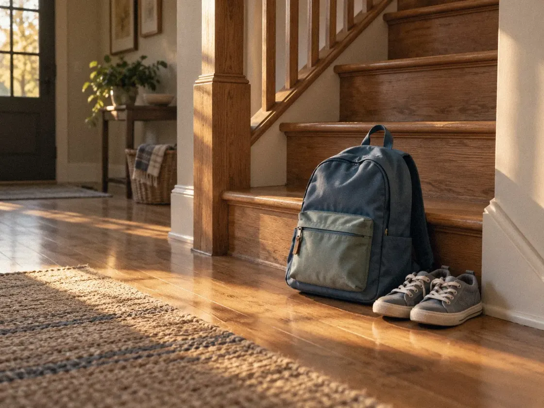 Cartable et baskets d'enfant posés au pied d'un escalier
