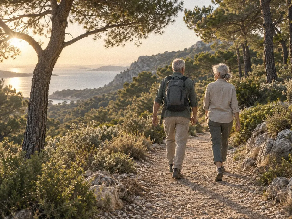 Couple de séniors marchant sur un sentier au bord de la mer