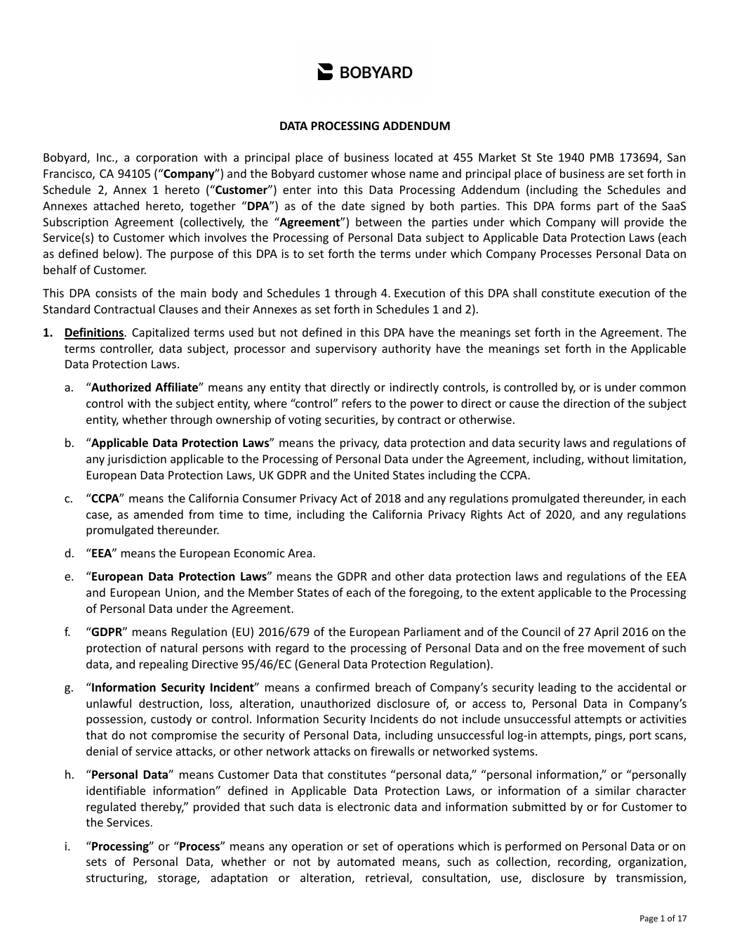 Preview of the Bobyard Data Processing Addendum