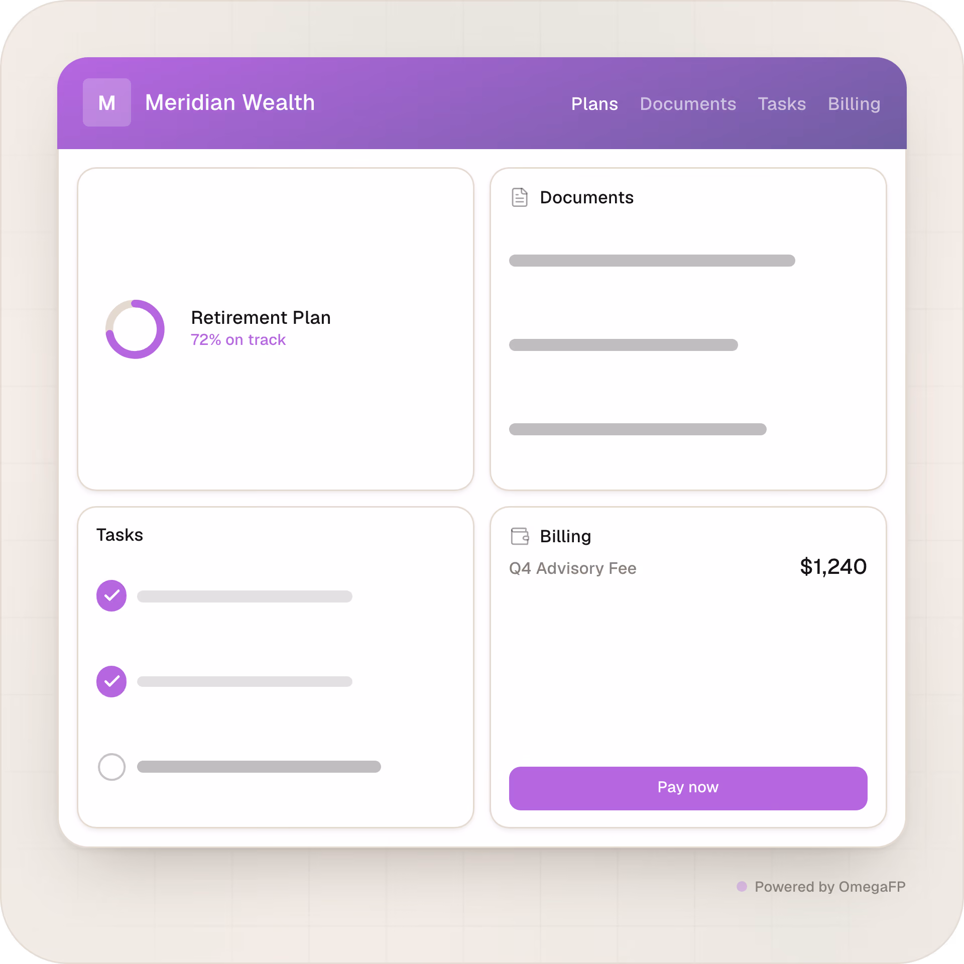 Placeholder: branded client portal overview in Omega