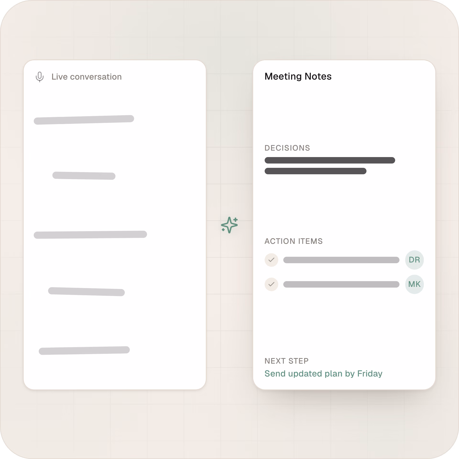 Omega AI Notetaker turning a live conversation into meeting notes, decisions and action items
