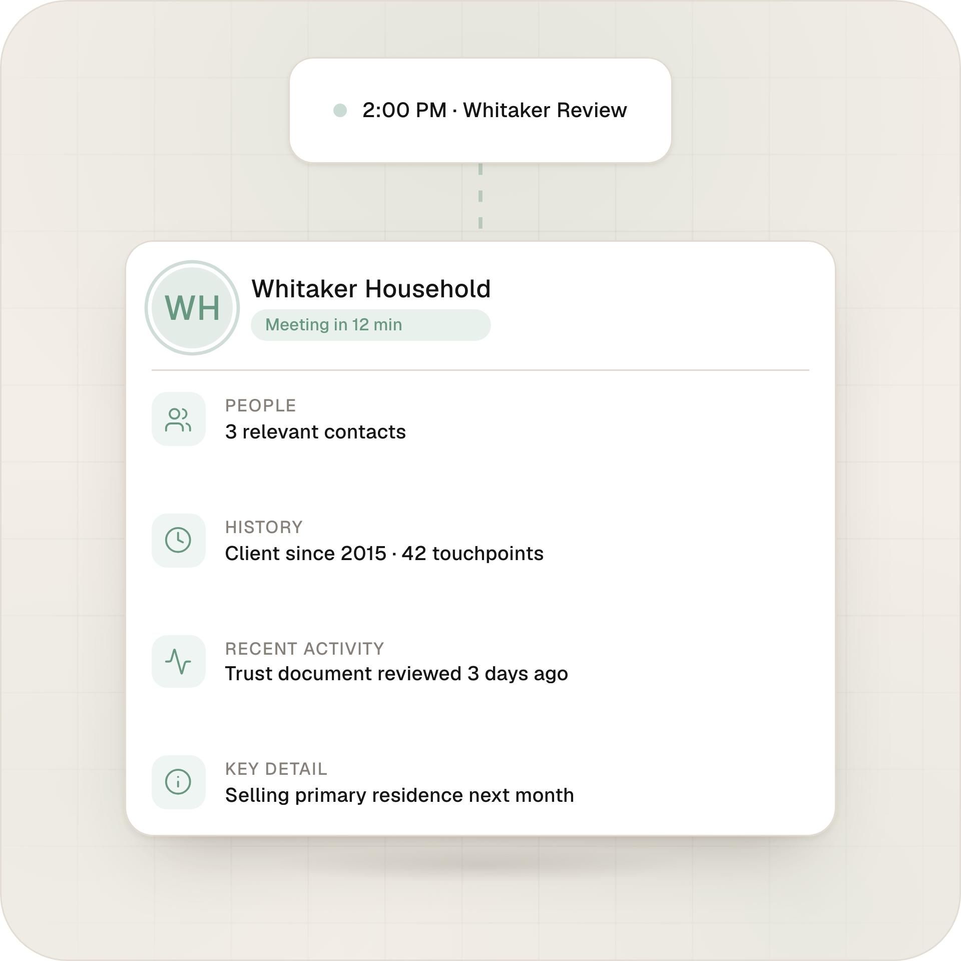Meeting Briefing from Omega's AI Notetaker CRM for financial advisors
