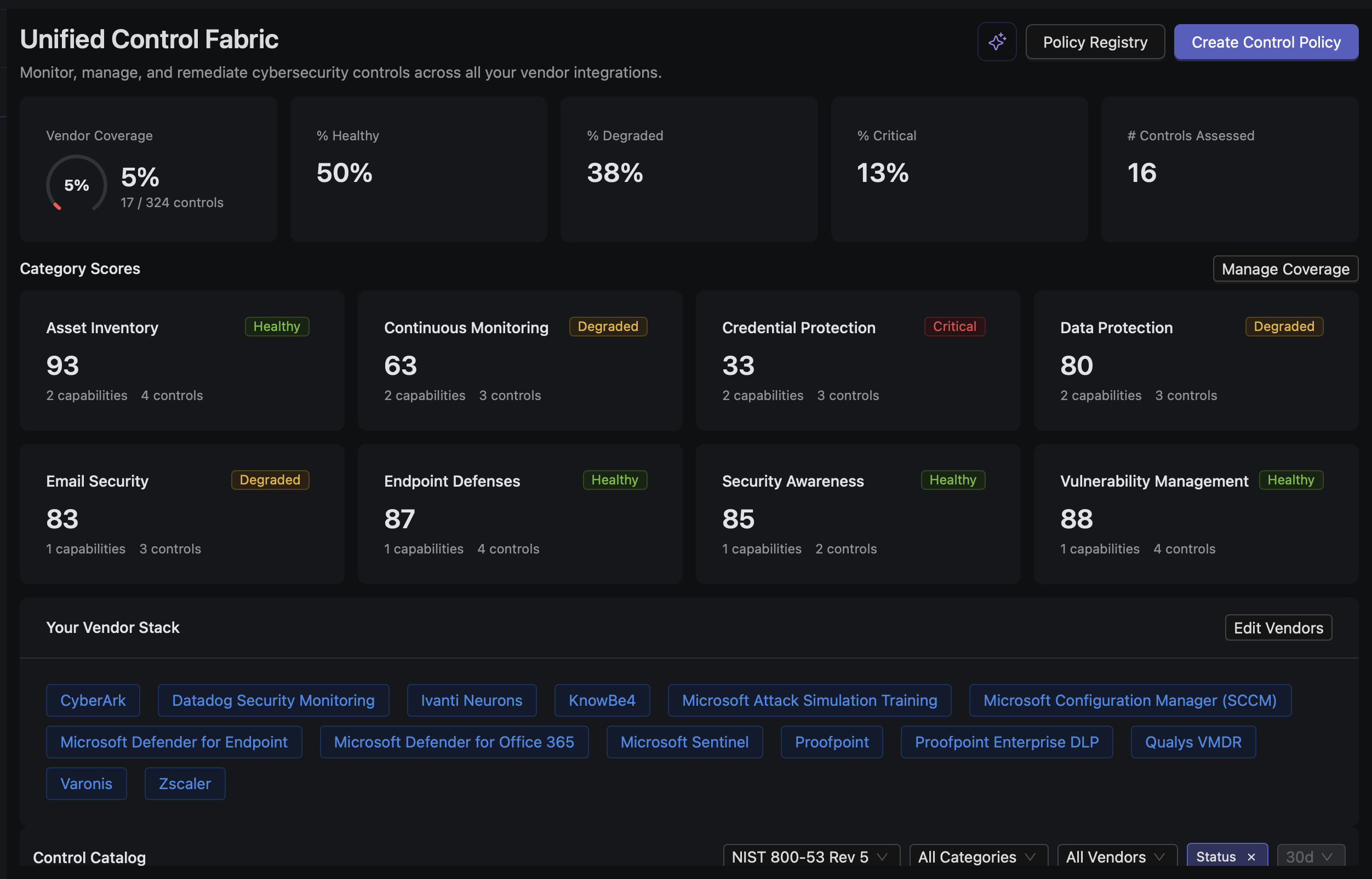 Dashboard showing Unified Control Fabric with cybersecurity control metrics, category scores, vendor stack, and control catalog filters.