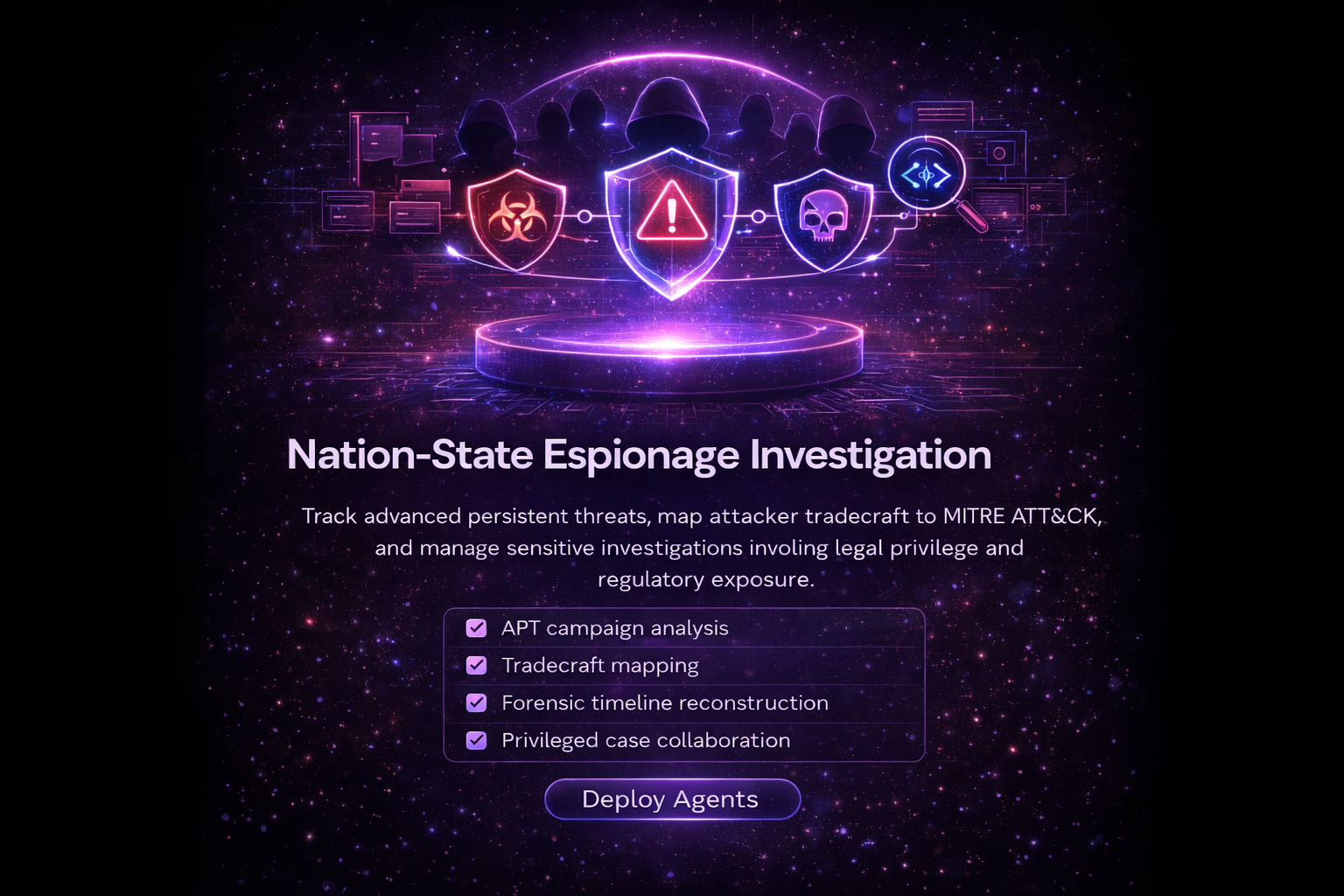 Nation-state intrusion workflow showing threat intelligence, attack reconstruction, evidence correlation, and executive response coordination.