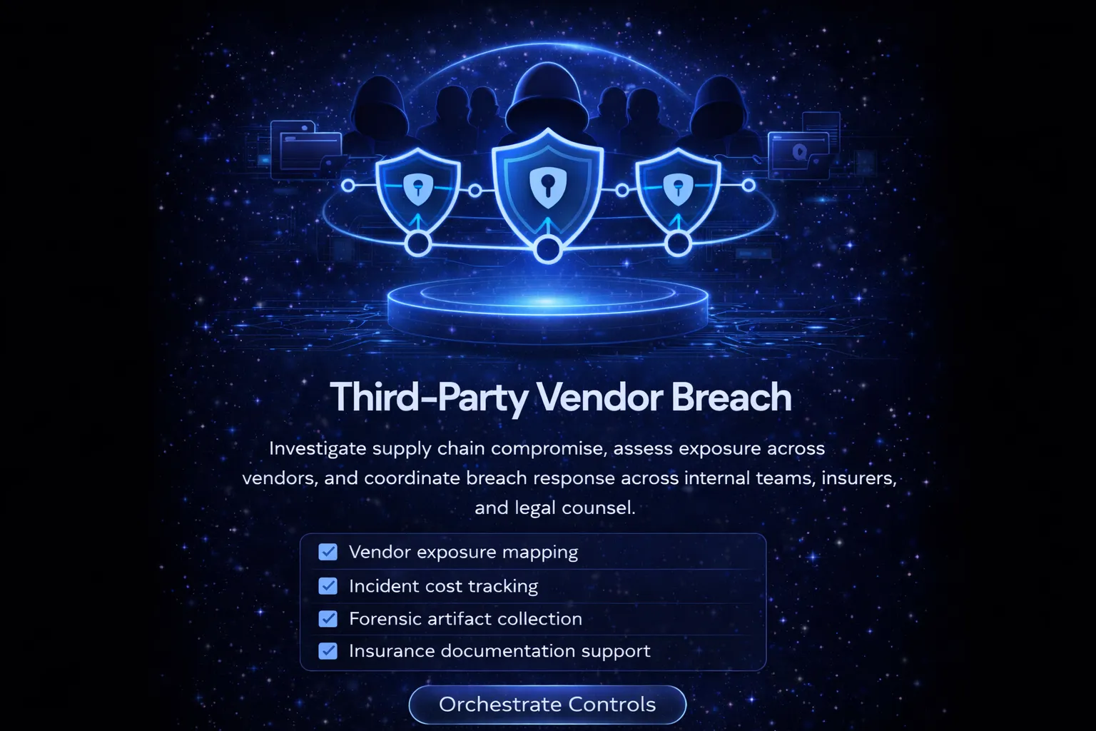 Third-party vendor breach workflow showing exposure assessment, dependency analysis, notifications, and coordinated remediation.