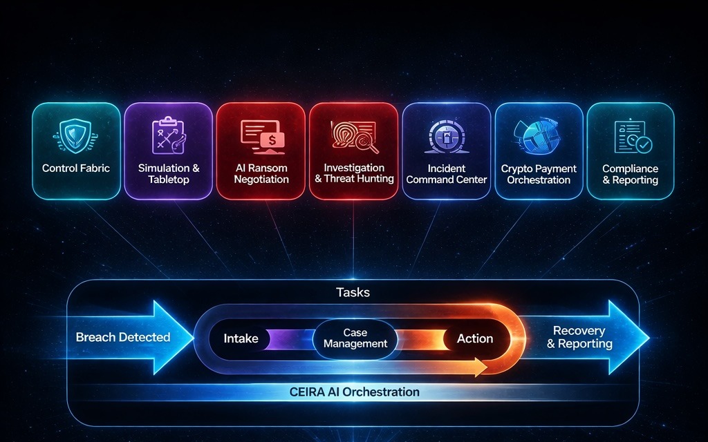 CEIRA AI orchestration workflow spanning breach intake, case management, investigation, negotiation, reporting, and recovery.